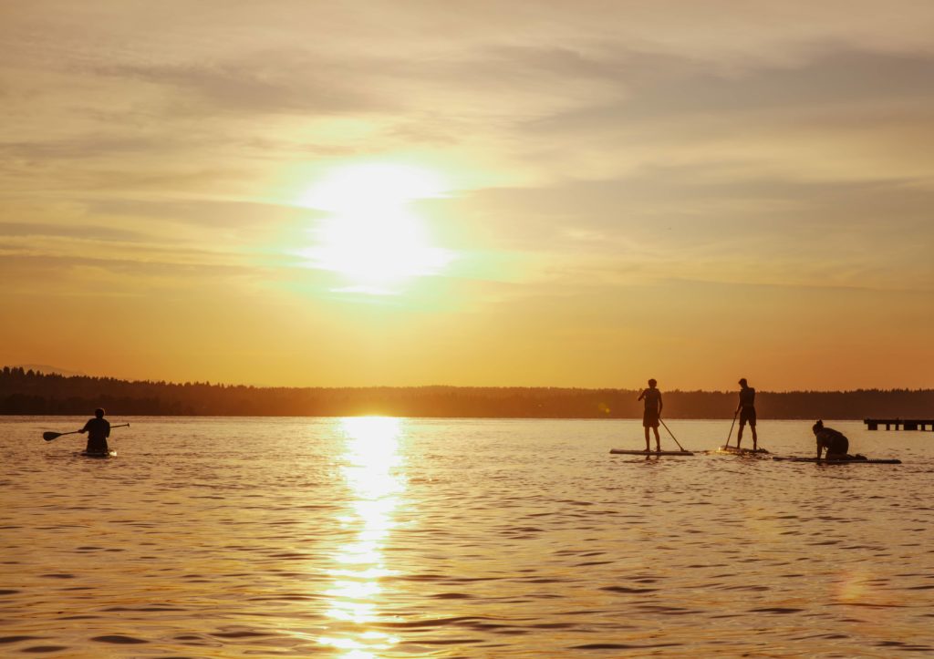 Sunset over body of water, people on paddle boards