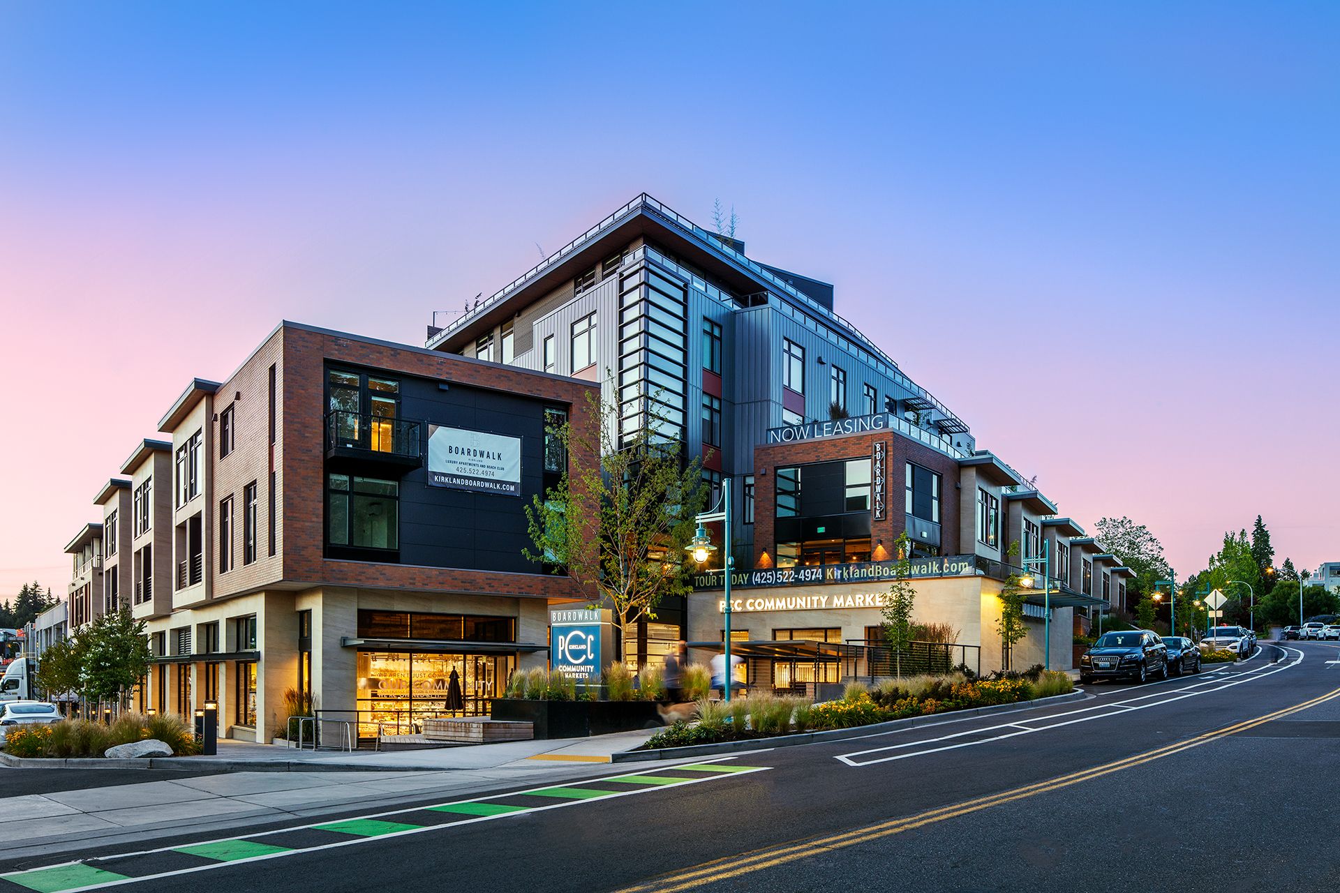 Kirkland boardwalk exterior PCC Market and sunset